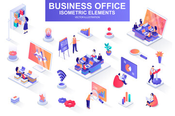 Wall Mural - Business office bundle of isometric elements. Business analytics, project presentation, company teamwork, managers working isolated icons. Isometric vector illustration kit with people characters.