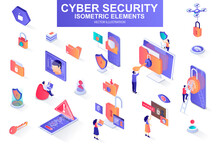 Cyber Security Bundle Of Isometric Elements. Fingerprint Scanner, Padlock, Password, Firewall, Data Folder, Electronic Security Key Isolated Icons. Isometric Vector Illustration With People Characters