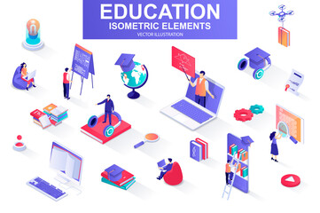 Fototapete - Education bundle of isometric elements. Academic cap, online library, studying student, distance learning, webinar, homework isolated icons. Isometric vector illustration kit with people characters.