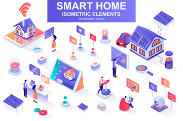 Leinwandbilder - Smart home bundle of isometric elements. Solar power generation, air conditioning, automation, control and monitoring system isolated icons. Isometric vector illustration kit with people characters.