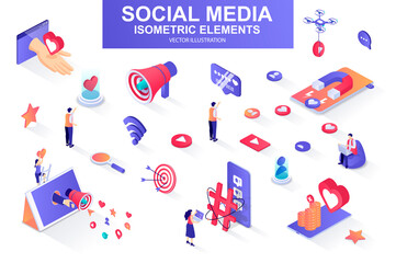 Leinwandbilder - Social media bundle of isometric elements. Customer targeting, loudspeaker, smm service, mobile marketing, referral program isolated icons. Isometric vector illustration kit with people characters.