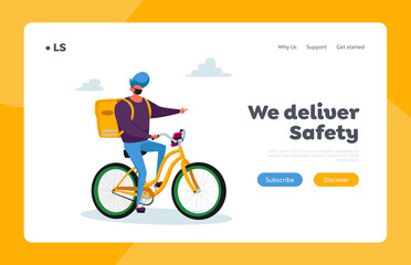 Goods Shipping and Transportation Landing Page Template. Courier Male Character Delivering Food to Customer on Bike