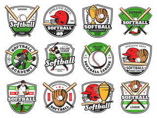 softball or baseball club emblem with bat and ball, vector, champion team and sport league patch. ba