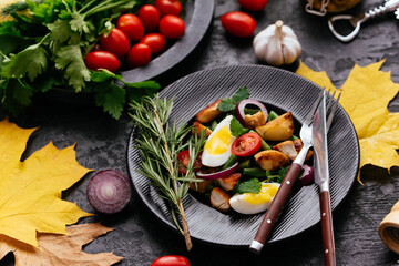 salad with vegetables, egg and chicken fillet on a wooden backgr