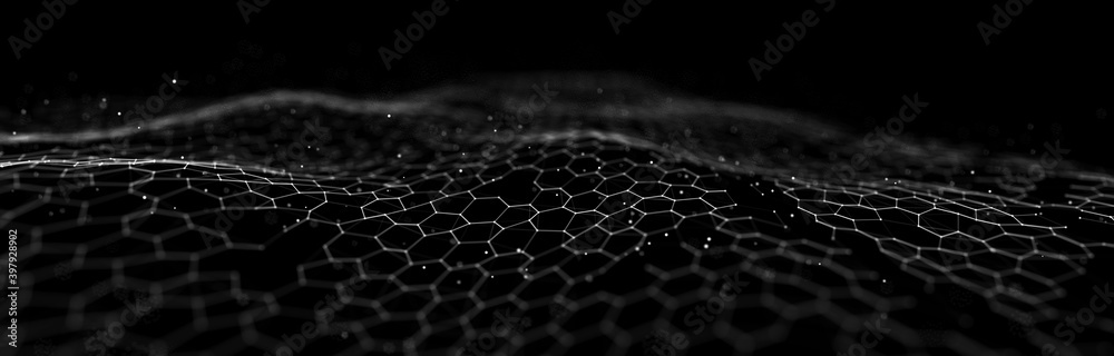 Futuristic black hexagon background. Futuristic honeycomb concept. Wave of particles. 3D rendering. - obrazy, fototapety, plakaty 