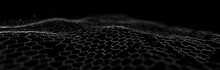 Futuristic Black Hexagon Background. Futuristic Honeycomb Concept. Wave Of Particles. 3D Rendering.