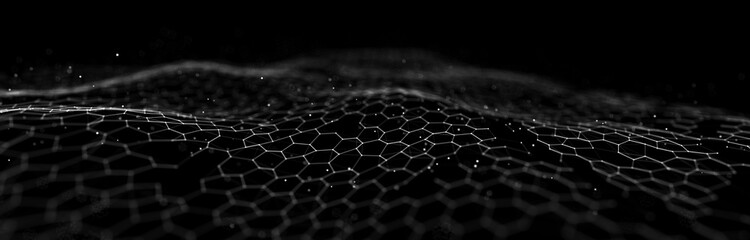 futuristic black hexagon background. futuristic honeycomb concept. wave of particles. 3d rendering.