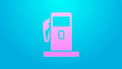 Canvas Print - Pink line Petrol or Gas station icon isolated on blue background. Car fuel symbol. Gasoline pump. 4K Video motion graphic animation