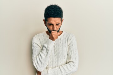 Poster - Handsome hispanic man with beard wearing casual winter sweater feeling unwell and coughing as symptom for cold or bronchitis. health care concept.