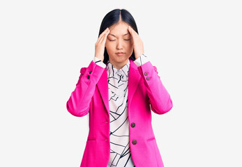 Sticker - Young beautiful chinese woman wearing elegant clothes suffering from headache desperate and stressed because pain and migraine. hands on head.