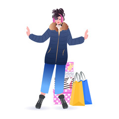 Wall Mural - woman in winter clothes standing near purchases new year christmas shopping seasonal sale concept full length vector illustration