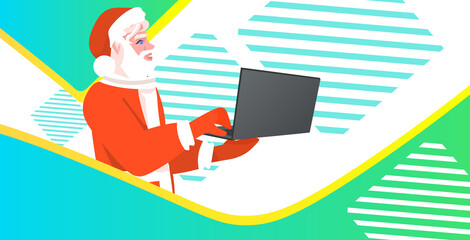 Wall Mural - santa claus using laptop merry christmas happy new year holidays celebration concept horizontal portrait vector illustration