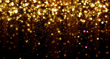 Wall Mural - falling golden bokeh particles and stars on a black background, happy new year holiday concept