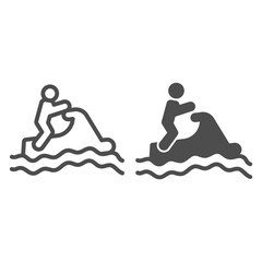 Poster - Man with water scooter on waves line and solid icon, waterpark concept, Jet Ski Sport sign on white background, water scooter icon in outline style for mobile concept and web design. Vector graphics.