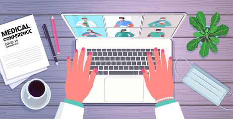 hands using laptop doctor discussing with mix race colleagues on screen doctors having medical conference medicine healthcare online communication concept horizontal portrait vector illustration