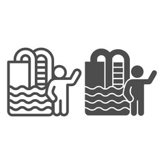 Poster - Swimming pool with ladder and person line and solid icon, waterpark concept, swimmer sign on white background, Summer pool with people icon in outline style for mobile and web design. Vector graphics.