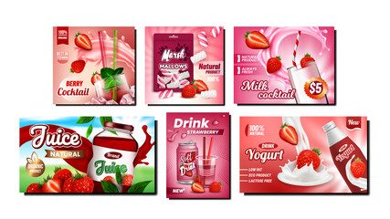 Sticker - Strawberry Product Promotional Posters Set Vector. Strawberry Soda Drink And Juice, Milk Cocktail, Yogurt And Marshmallows On Advertising Banners. Style Concept Template Illustrations