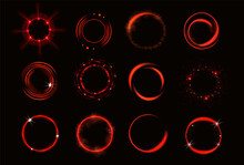 Glow Red Circles With Sparkles And Smoke, Magic Light Effect. Vector Realistic Set Of Shiny Rings And Swirls, Round Frames Of Neon Flare And Glitter Dust Isolated On Black Background