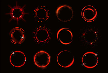 Poster - glow red circles with sparkles and smoke, magic light effect. vector realistic set of shiny rings an