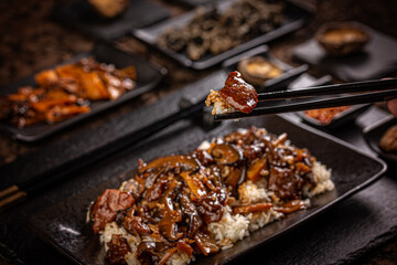 Canvas Print - Slices of beef in spicy brown sauce