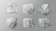Plastic or glass cube in different angle view, clear square box, crystal block, aquarium or exhibit podium, glossy geometric object isolated on transparent background, Realistic 3d vector illustration
