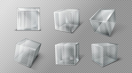 Poster - Plastic or glass cube in different angle view, clear square box, crystal block, aquarium or exhibit podium, glossy geometric object isolated on transparent background, Realistic 3d vector illustration