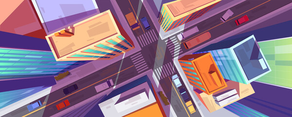 Wall Mural - City street top view with buildings, crossroad and cars. Urban architecture and infrastructure with transport intersection and zebra, modern megapolis with skyscrapers, Cartoon vector illustration