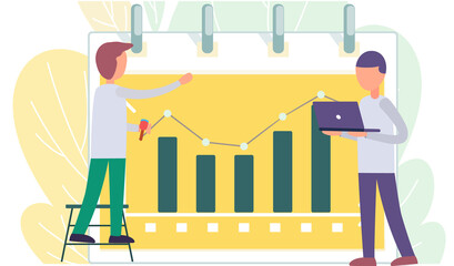 Fototapete - Businessman draws an increasing graph in a large notebook. Presentation of business development or investment growth. Analysis report on graph. Analyst team with laptop analyzes statistical indicators