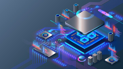 cpu. abstract digital chip computer processor and electronic components on motherboard or circuit bo