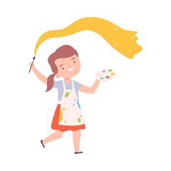 Wall Mural - Happy Girl Painting with Palette and Brush, Little Artist Character Drawing with Yellow Paint Cartoon Style Vector Illustration