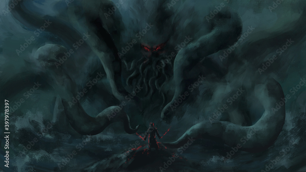 warrior standing looking Cthulhu,Cosmic monster, sea monster,strom bad  weather ,digital art, Illustration painting. Stock Illustration | Adobe  Stock