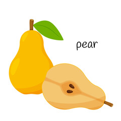 Wall Mural - A whole fruit of a yellow pear and a cut half with seeds and pulp. Fruit icon. Flat design. Color vector illustration isolated on a white background