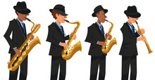 Jazz Saxophone Players In Black Suits And Hats Performing On Isolated White Background. Performing With Baritone, Tenor, Alto, Soprano Saxophone. Vector Illustration In Flat Cartoon Style.