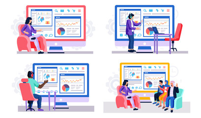 Fototapete - Set of pictures about working with data and economic statistics. Woman and man stands near the chair and large screen. Boy and girl discuss statistics. Screen with graphs data charts in the background