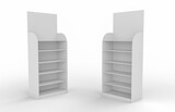 Fototapeta Perspektywa 3d - Empty Product Stands For Supermarket., Empty Displays With Shelves Products On White Background Isolated. Retail shelf.,display mockup retail shelves stand pos posm
