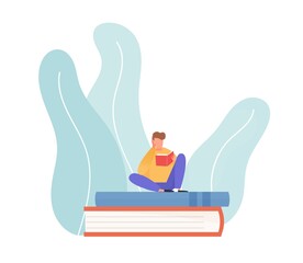 Aufkleber - Scene of young reading man sitting on pile of books. Concept of education, studying and exam preparation process. Student with textbook. Flat vector illustration isolated on white background