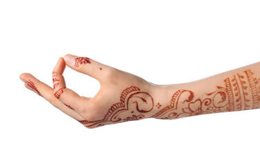 Wall Mural - Beautiful female hand with henna tattoo on white background