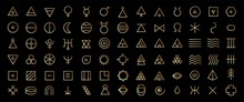 Line Art Icon Set Of Esoteric Glyphs, Pictograms And Symbols. Golden Mystic And Alchemy Signs Linear Style