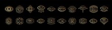 Line Art Icon Set Of Evil Seeing Eye. Gold Mystic Esoteric Signs Linear Style