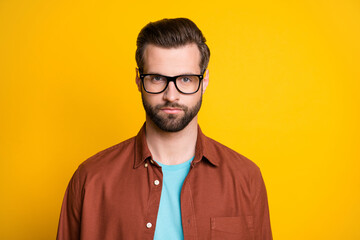 Sticker - Photo of charming person look camera eyewear content face isolated on bright yellow color background