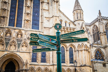 Signposts in front of York Minster,  Yorkshire,  United Kingdom