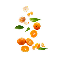 Wall Mural - Fresh orange tangerines or mandarins fruits and leaves falling isolated on white background