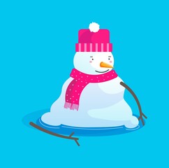 Wall Mural - Melting snowman character in hat and scarf isolated on blue