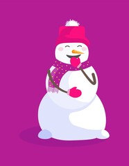 Wall Mural - Laughing snowman character in hat and scarf on violet