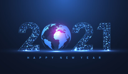 Poster - Modern futuristic technology template for Merry Christmas and Happy New Year 2021 with connected lines and dots. Plexus geometric effect. Global network connection. Vector illustration.