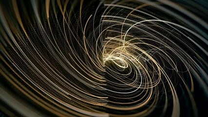 Poster - Abstract spiral rotating glowing lines isolated on black background, seamless loop. Animation. 3D visualization of moving hurricane.