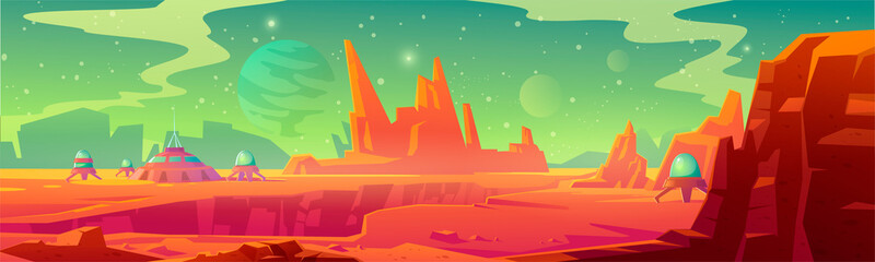 Wall Mural - landscape of mars surface with colony base. vector cartoon futuristic illustration of alien red plan
