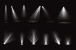 © klyaksun - Light beams from spotlights and floor projectors isolated on transparent background. Vector realistic set of bright white rays for illumination show, concert, theater stage or podium