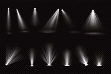 Light Beams From Spotlights And Floor Projectors Isolated On Transparent Background. Vector Realistic Set Of Bright White Rays For Illumination Show, Concert, Theater Stage Or Podium