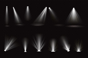 Poster - light beams from spotlights and floor projectors isolated on transparent background. vector realisti